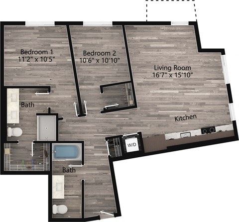 Floor plan for 2 beds, 2 baths, 1047 sqft